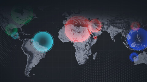 World Map picture of continents with spheres indicating where attacks have happened.