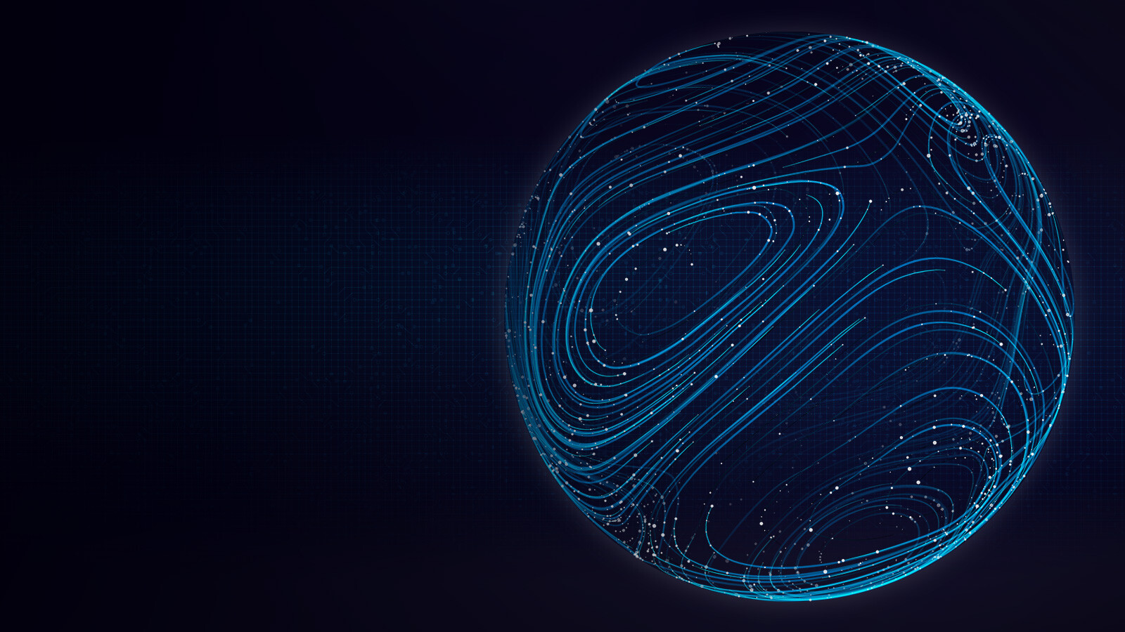 Dark background with a large 3D sphere made of blue and teal circles