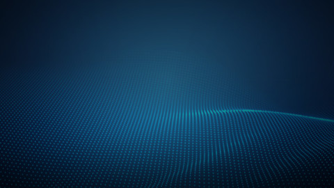 Abstract blue dots in a 3D wave pattern on dark background
