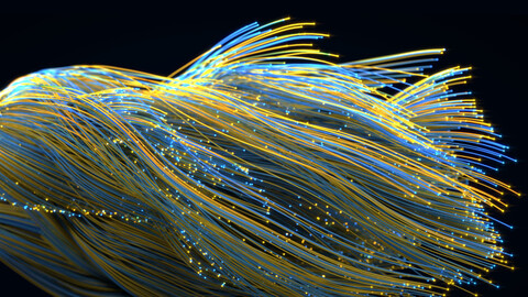 Hundreds of intertwined blue and yellow fiber optic cables