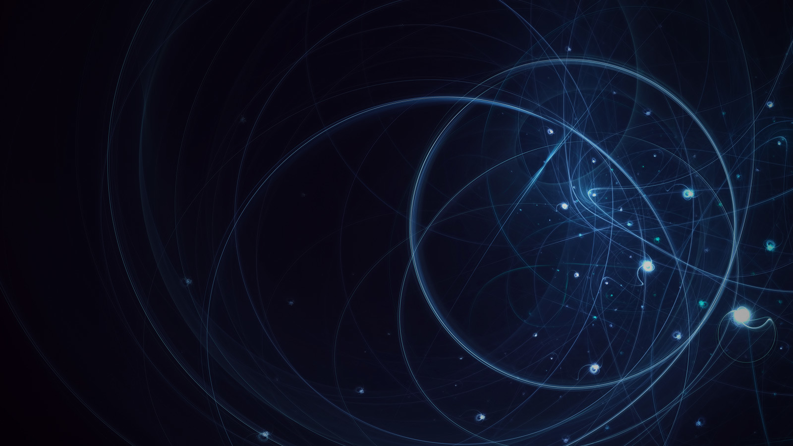 Abstract dark background with blue swirling lines and small bright blue orbs