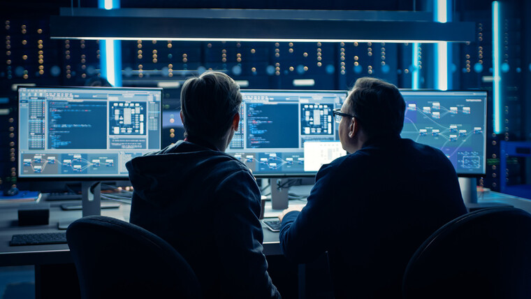 Two men sitting at desk in dark room looking at multiple monitors