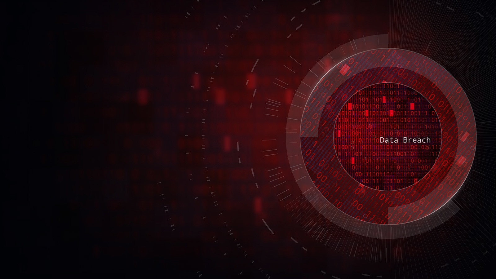 Dark red abstract background with a circle filled with 0s and 1s and "Data Breach" in white