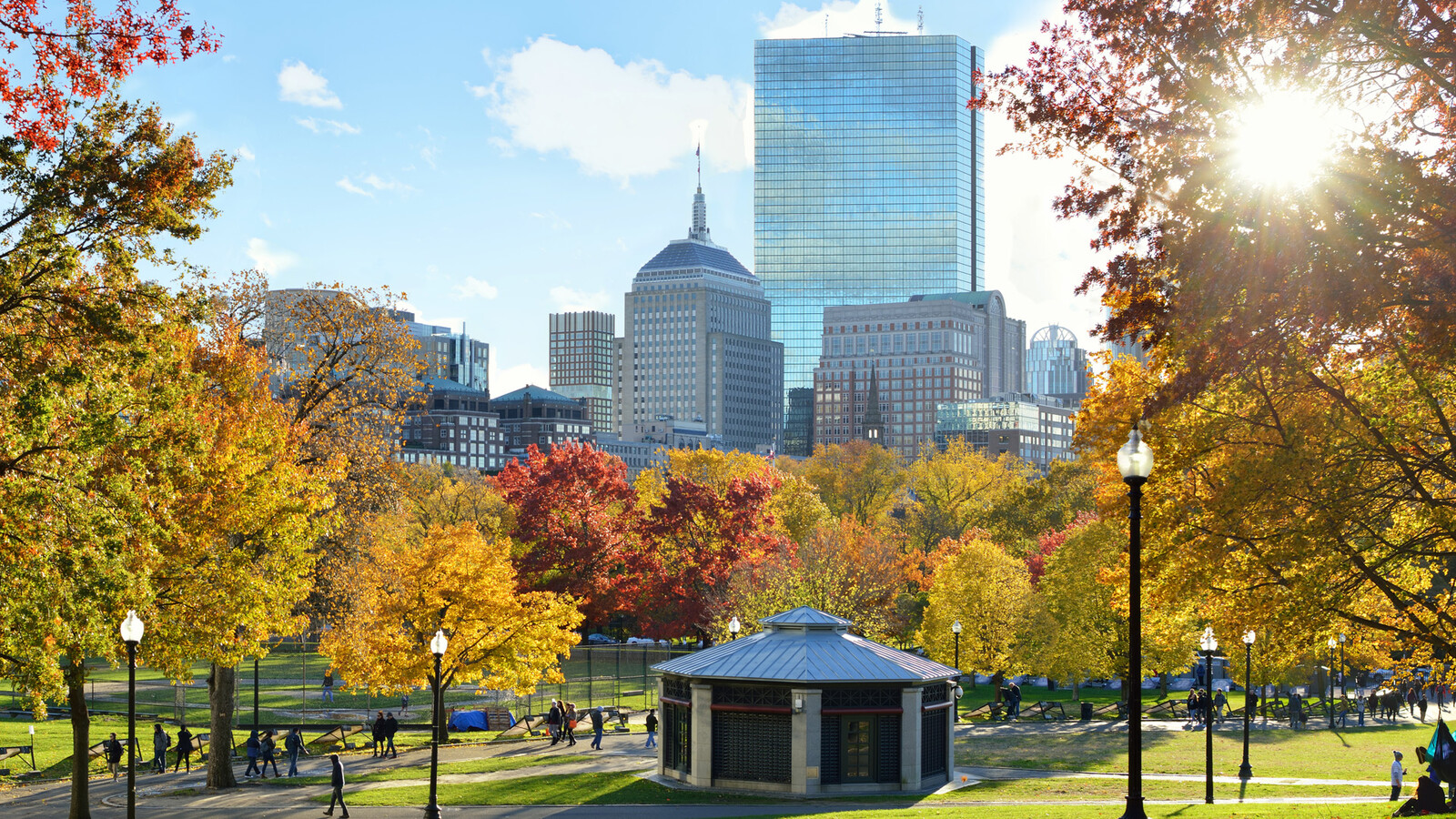 Boston skyline from a park in the fall