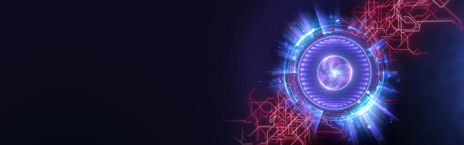Dark banner with purple glowing orb surrounded by abstract blue circles and red lines